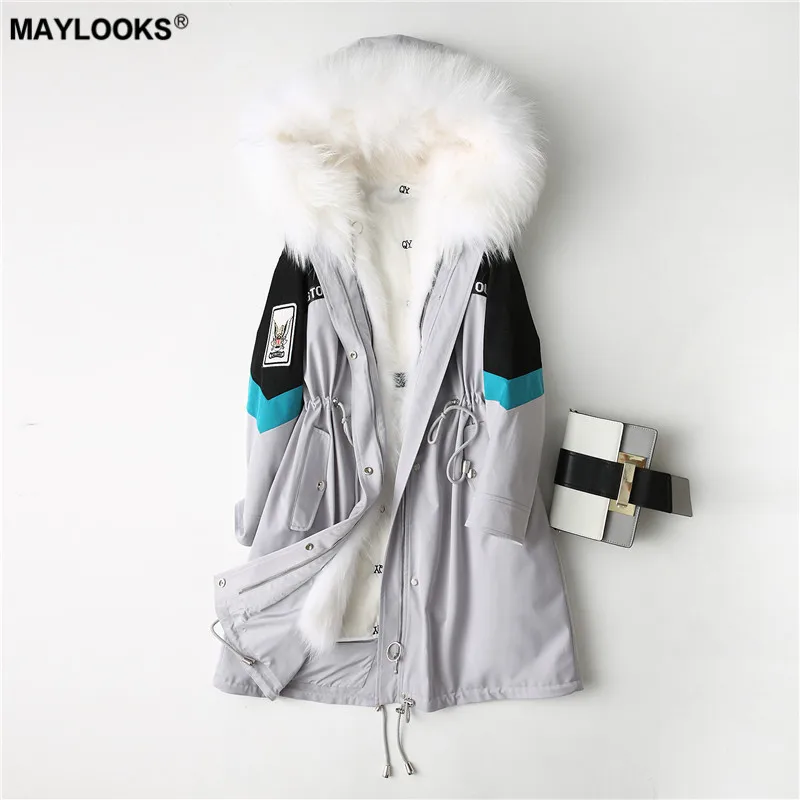 MAYLOOKS зима 2018 меховое контрастное пальто съемный пуховик мех енота шапка 68234|Шубы