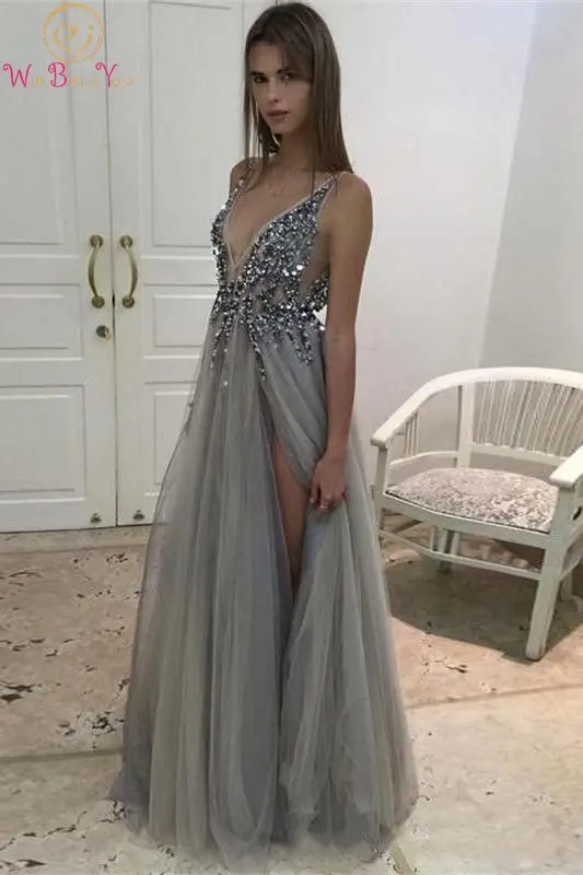 Женское фатиновое платье без рукавов серое ТРАПЕЦИЕВИДНОЕ ПЛАТЬЕ до пола с V