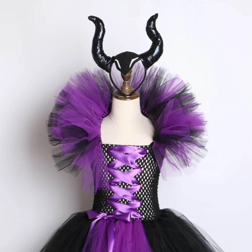 Maleficent/платье-пачка «злая королева» для девочек с рогами, костюм ведьмы для косплея для девочек, детское праздничное платье, детская одежда