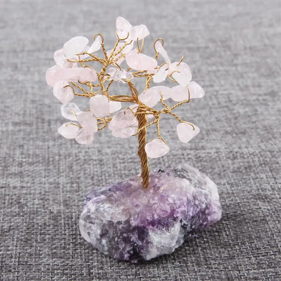 Rose quartz WALUOLAN 8 см Высокий Кристалл счастливые деньги камень дерево Статуэтка украшения фэн-шуй для богатства и удачи домашнего офиса Декор подарок на день рождения - Цвет: Rose quartz