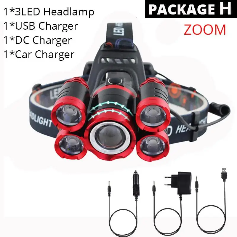 Package H 6000лм XM-T6x3 светодиодный фонарик с зумом, 5 светодиодный фонарь для кемпинга, рыбалки, налобный фонарь, 2*18650 батареи/AC/Car/Usb/зарядка - Испускаемый цвет: Package H
