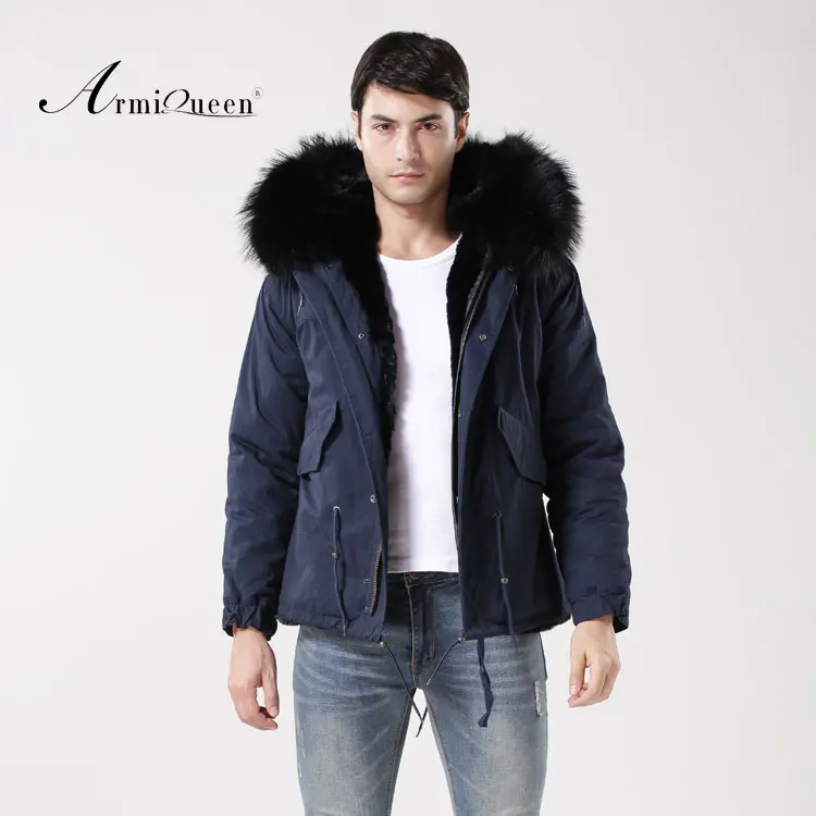 Темно синяя оболочка ткань снаружи черный мех внутри и капюшон мужская стильная