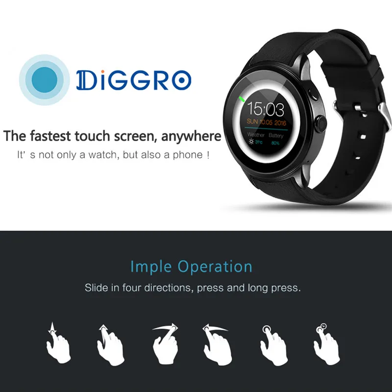 Diggro DI01 Смарт часы 1 GB + 16 Android 5 MTK6580 монитор сердечного ритма Поддержка Wi Fi 3g gps сим