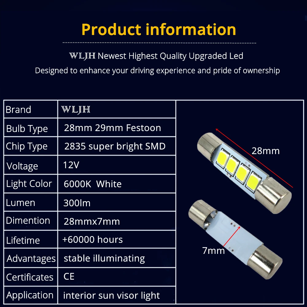 WLJH 4x Белый 2835 фишек 28 мм 29 мм гирлянда светодиодные лампы 4-SMD 6614F 6612F для салона автомобиля косметическое зеркало солнцезащитный козырек Купол Карта огни