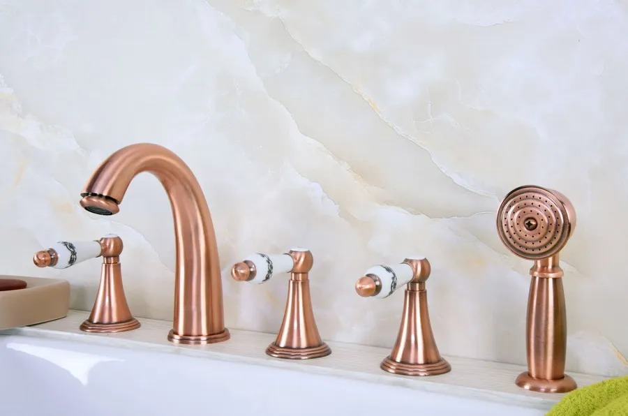 

Antique Red Copper Brass Deck 5 Holes Bathtub Mixer Faucet Handheld Shower Widespread Bathroom Faucet Set Basin Water Tap atf208