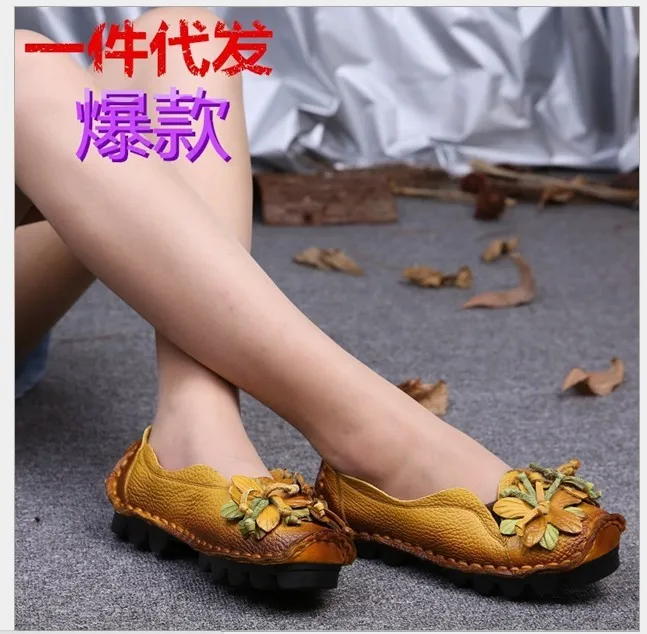 Women Genuine Leather Flat Shoes Woman Loafers 2021 New Fashion Women Casual Handmade Flower Women Flats