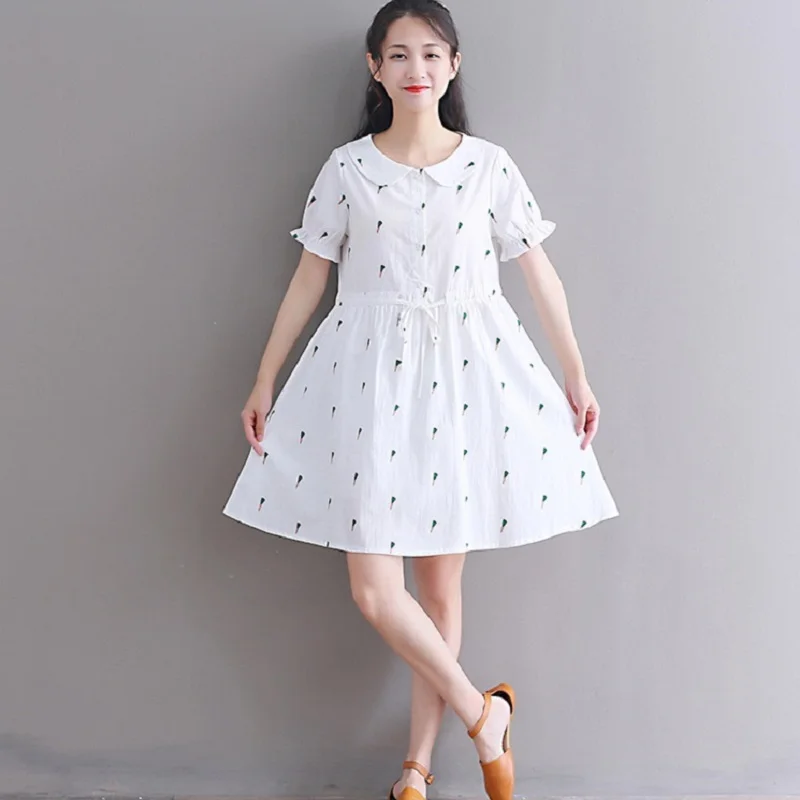 Mori Girl Summer Women Cotton Short Dress Peter Pan Collar Carrot Print Casual String Vestido Femme White Blue Kawaii Mini | Женская