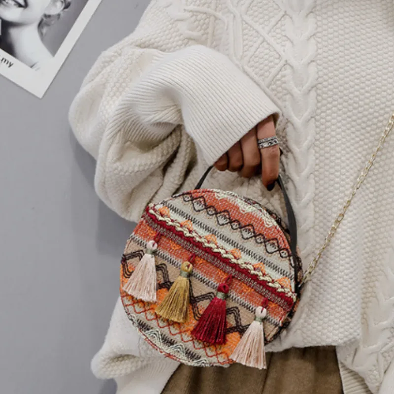 Цвет: желтый Boho национальная круговая Маленькая женская сумка через плечо, стеганая сумка-кошелек с цепочкой на ремне, праздничная дорожная сумка - Цвет: Цвет: желтый