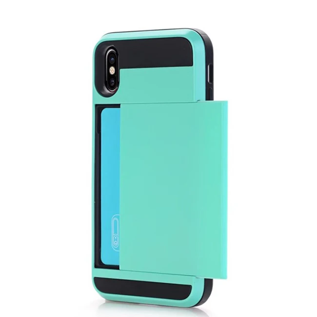 Роскошный чехол для телефона для iPhone X XS чехол для MAX XR Броня скользящий слот для карт PC чехол для телефона для iPhone 7 8 Plus 6 6s TPU противоударный чехол - Цвет: Mint Green