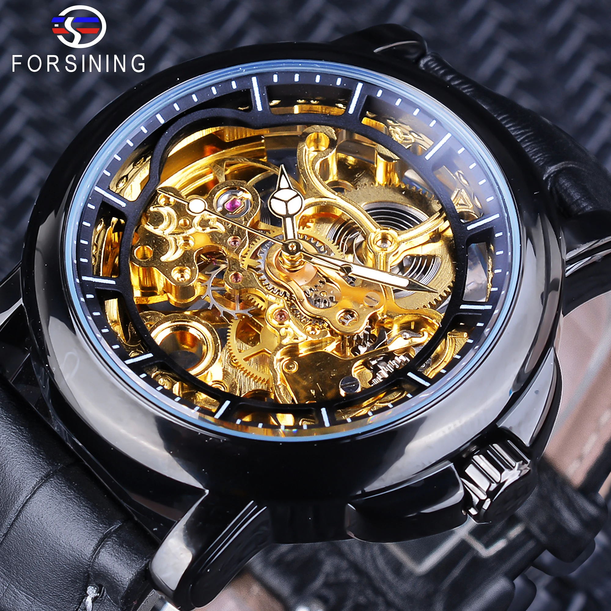 Forsining 2018 Royal Flower Carving Gear Golden Openwork Black Genuine Leather Mens Mechanical Watch Top Brand Luxury Male Clock | Наручные