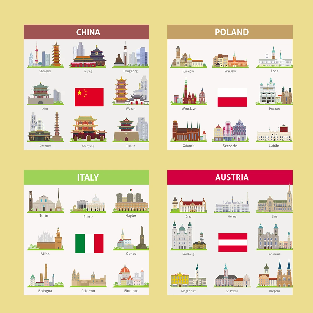 17 шт./компл. Европейская городская карта с именем здания английским словом флэш
