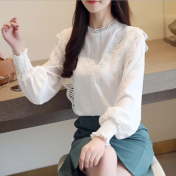 Blusas mujer de moda 2019 белая кружевная шифоновая блузка с длинным рукавом Женские топы и