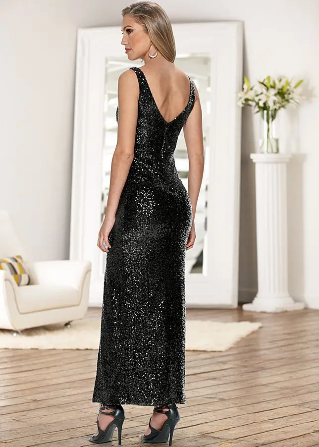 Reaqka Women Maxi party dresses Evening Paillette Robe Sexy club Black summer sundress long v neck Elegant Sequin Dress XL