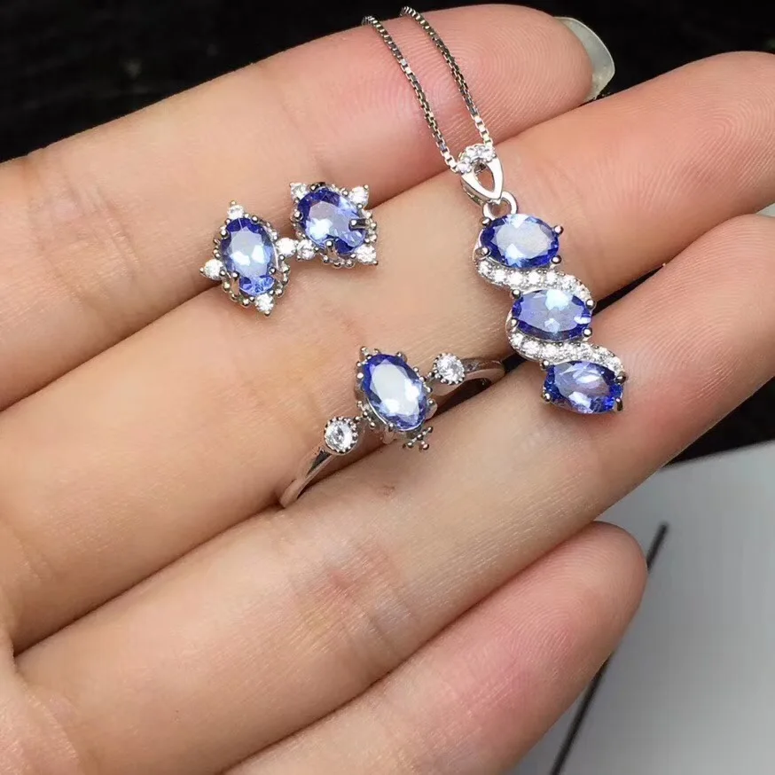 

Free Shipping Natural Tanzanite jewelry set Natural Real Tanzanite 925 sterling silver 1pc pendant,1pc ring ,2pcs Earring