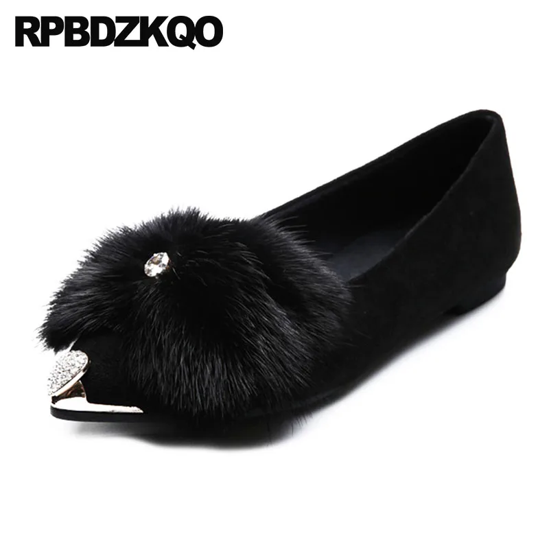

Suede Winter Pointed Toe Metal Black Rhinestone Flats Diamond Designer Shoes Women Luxury 2021 Fur Ladies Crystal China Chinese