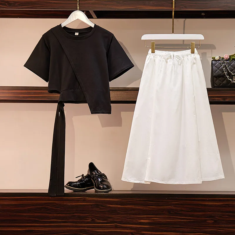 2019 летние женские топы с короткими рукавами + юбки эластичной резинкой на талии