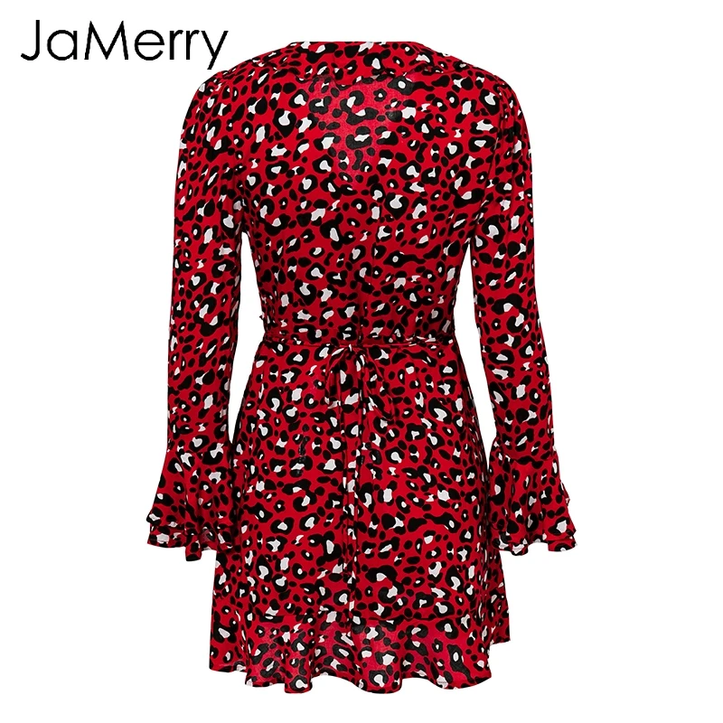 JaMerry Винтаж leopard wrap мини-платье оборками Длинные рукав фонарик пояса bodycon платье