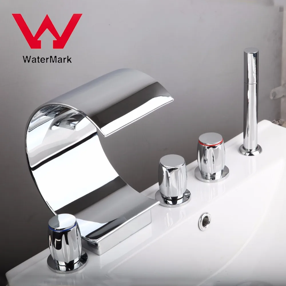 KEMAIDI Deck Mount Widespread 5pcs Bathtub Faucet Waterfall 3 Handles Mixer Tap With Hand Spray Polished Chrome Finish | Обустройство