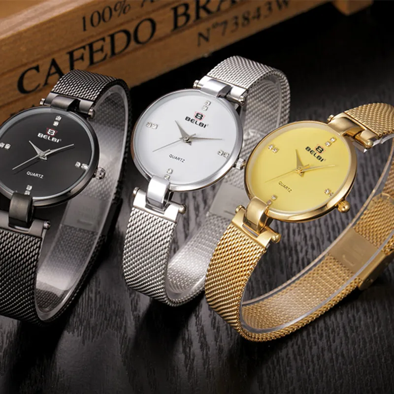 Роскошные BELBI модные женские часы под платье золотые Брендовые Часы браслет со