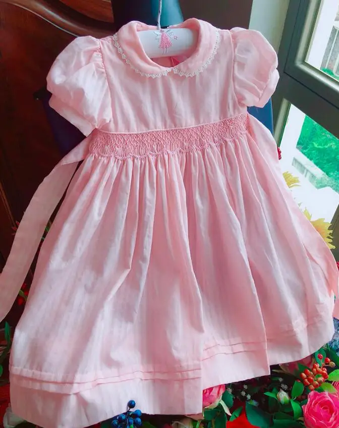 Light Pink Хорошее качество, новые летние платья принцессы с оборками для маленьких девочек от 2 до 6 лет, детское Хлопковое платье в синюю полоску с цветочным рисунком и бантом ручной работы - Цвет: Light Pink