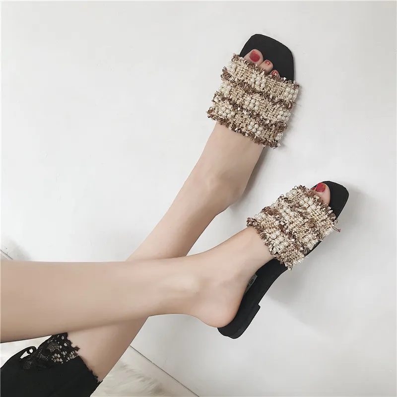 Мягкие удобные клетчатые тапочки из флока Летние вьетнамки с бисером для девочек