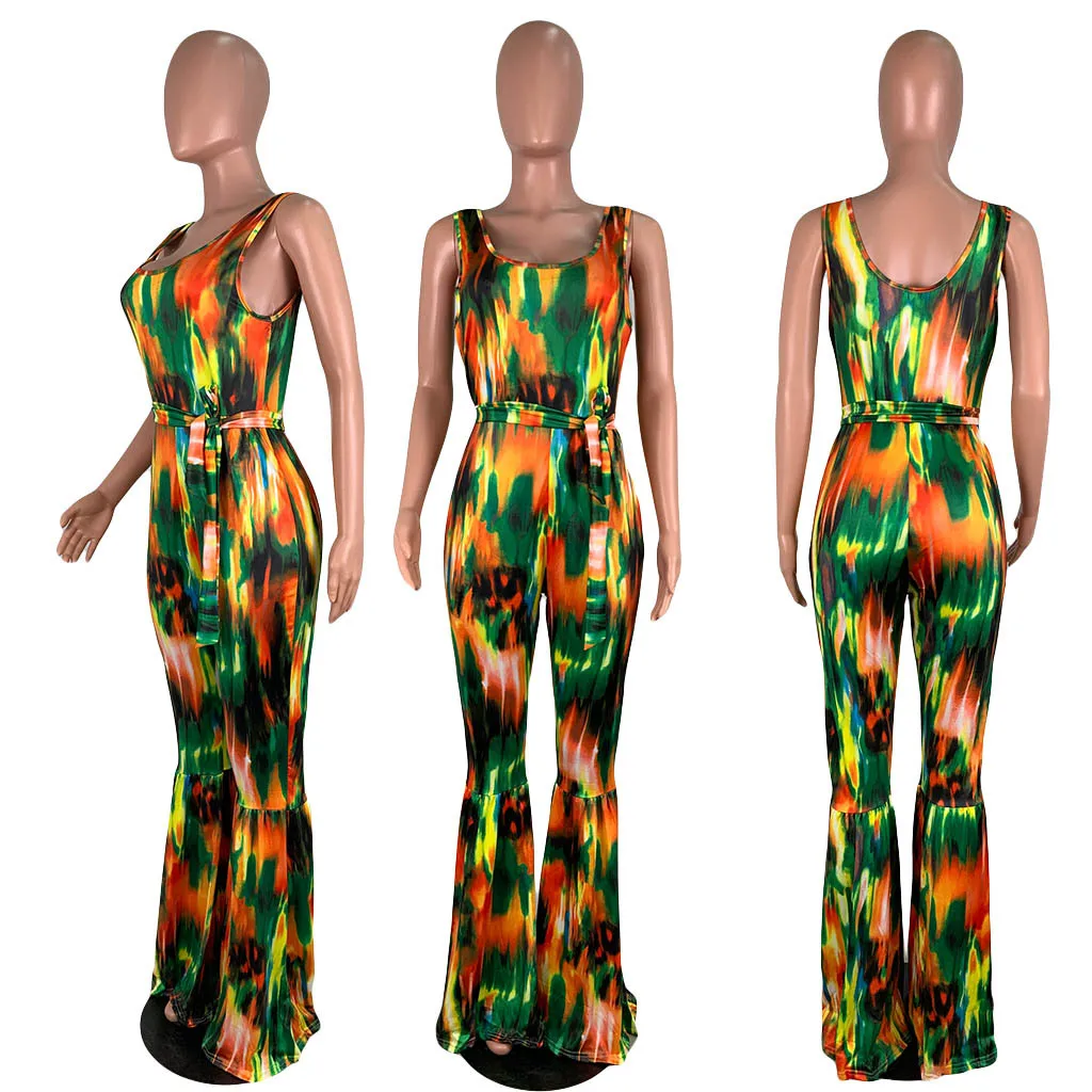 

HAOOHU Sexy Tie Dye Rompers Womens Jumpsuit Summer Backless Flare Pants Skinny One Piece Overalls with Sashes Bodycon Jumpsuit