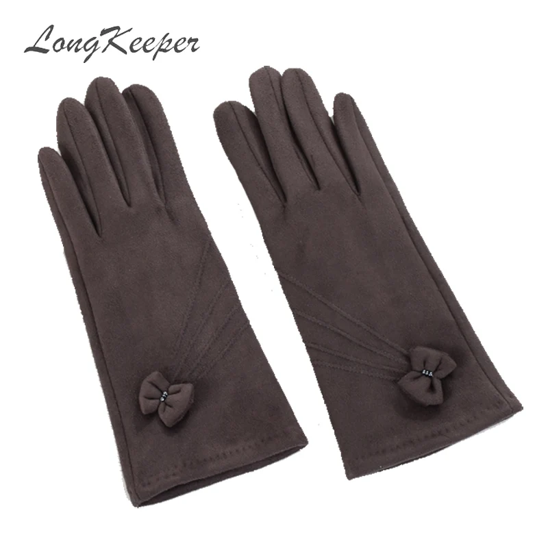 Grey LongKeepr женские Сенсорный экран перчатки Модные зимние теплые замшевые с бантом мягкие наручные варежки сплошной Цвет полный палец guantes Luvas - Цвет: Grey