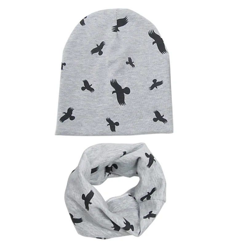 2 pcs gray bird 1 комплект, детская шапка с принтом звезды/камуфляжной расцветки, Весенняя детская теплая хлопковая шапка, шарф-воротник, детская шапка для мальчиков и девочек, шарфы - Цвет: 2 pcs gray bird
