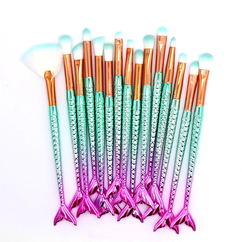 15pcs blue pink SinSo 1-16 шт. Русалочка кисти для макияжа инструменты пудра основа кисти для макияжа Румяна Тени для век Кисть для макияжа губ набор - Handle Color: 15pcs blue pink