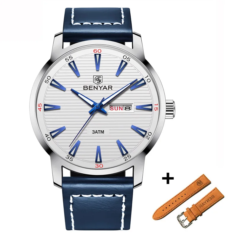 Blue Silver White BENYAR, модные мужские часы, Лидирующий бренд, Роскошные Кварцевые часы для мужчин, спортивные, водонепроницаемые, военные наручные часы для мужчин, s reloj hombre, кожа - Цвет: Blue Silver White