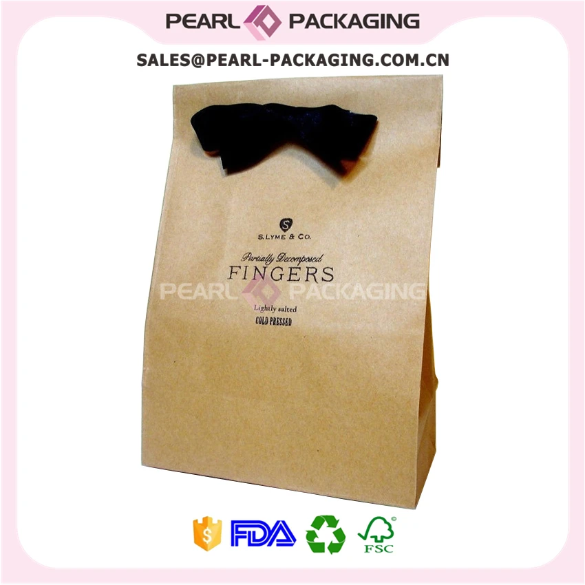Custom Printed Fancy Brown Kraft Paper Shopping Bag with Bow Tie Ribbon