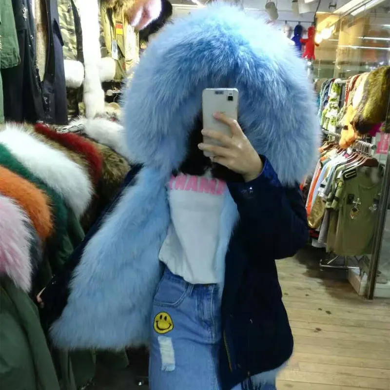 

Sky Blue Fox fur Winter Jacket Fashion Color Big Collar Fox Fur Parka