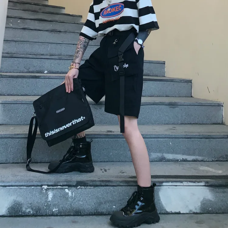 Летняя Корейская версия Ulzzang Harajuku уличные ретро комбинезоны с большими карманами повседневные свободные шорты с высокой талией уличный стиль черный