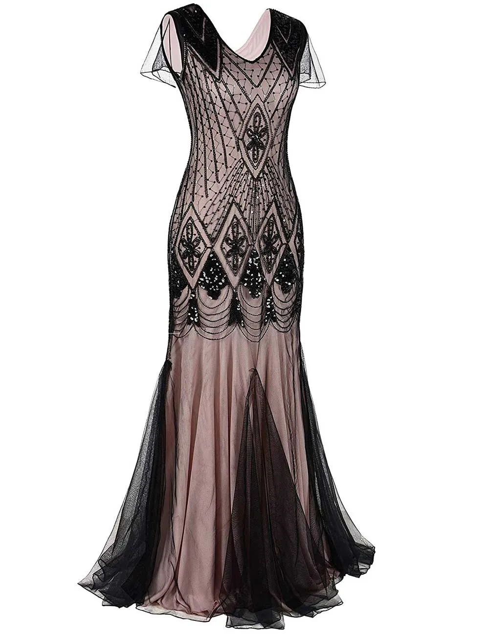 Dress-Black-PINK Женские Хлопушка платья 1920s V образным вырезом бисером бахромой большой Гэтсби длинное платье - Цвет: Dress-Black-PINK