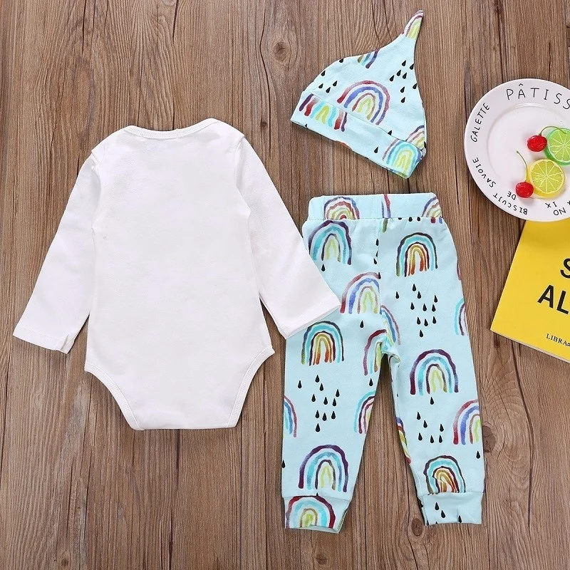 Newborn Baby Girl Boy Long Sleeve Romper Bodysuit Rainbow Pants and Hat Outfit 3Pcs Set | Детская одежда и обувь