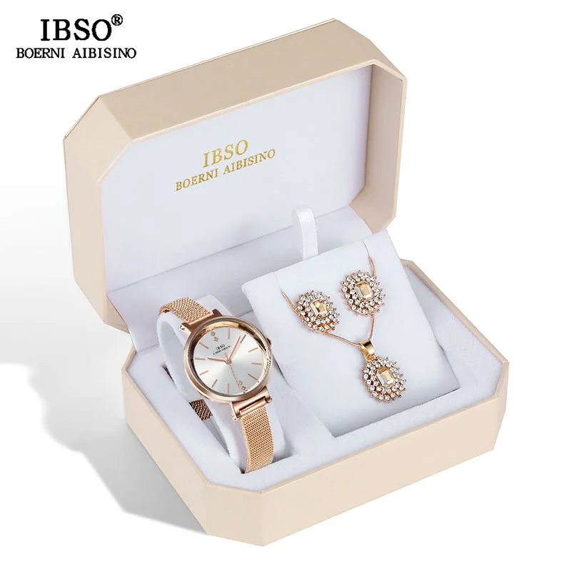 IBSO, роскошный женский набор, серьги, ожерелье, часы,, новая мода, нержавеющая сталь, женские часы с ювелирным набором, подарки для женщин - Цвет: 8688 watch with set