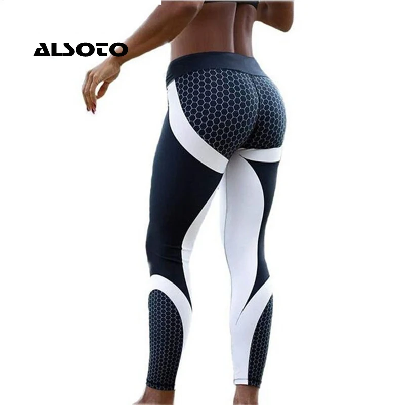 Women Fitness Leggings For Women Mesh Pattern Print Leggings Sporting Workout Leggins Elastic Slim Black White Pants