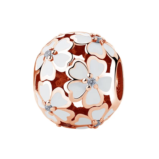 Rose gold Настоящее серебро 925 проба шарма бисера поляна примул Подвески Pave CZ эмаль цветок Fit Pandora Браслеты ювелирные изделия - Цвет: Rose gold