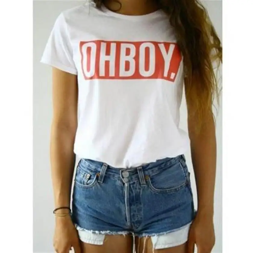 

New Arrival Short Sleeve Cotton OHBOY OH BOY Red Letters Print T-Shirt For Women Plus Size Women T-Shirt Off The Shoulder Tops