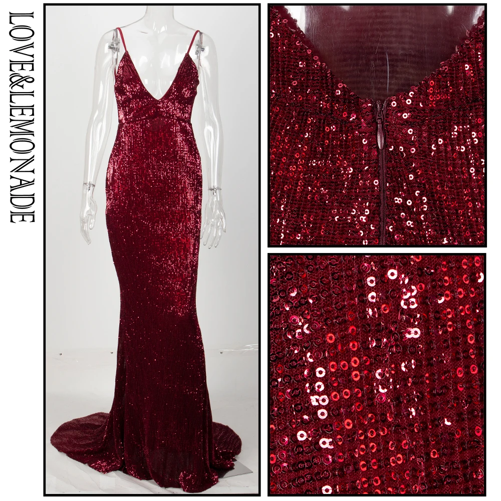 

LOVE&LEMONADE Deep V-Neck Red Wine Open Back Fishtail Slim Elastic Sequins Long Dress LM80119
