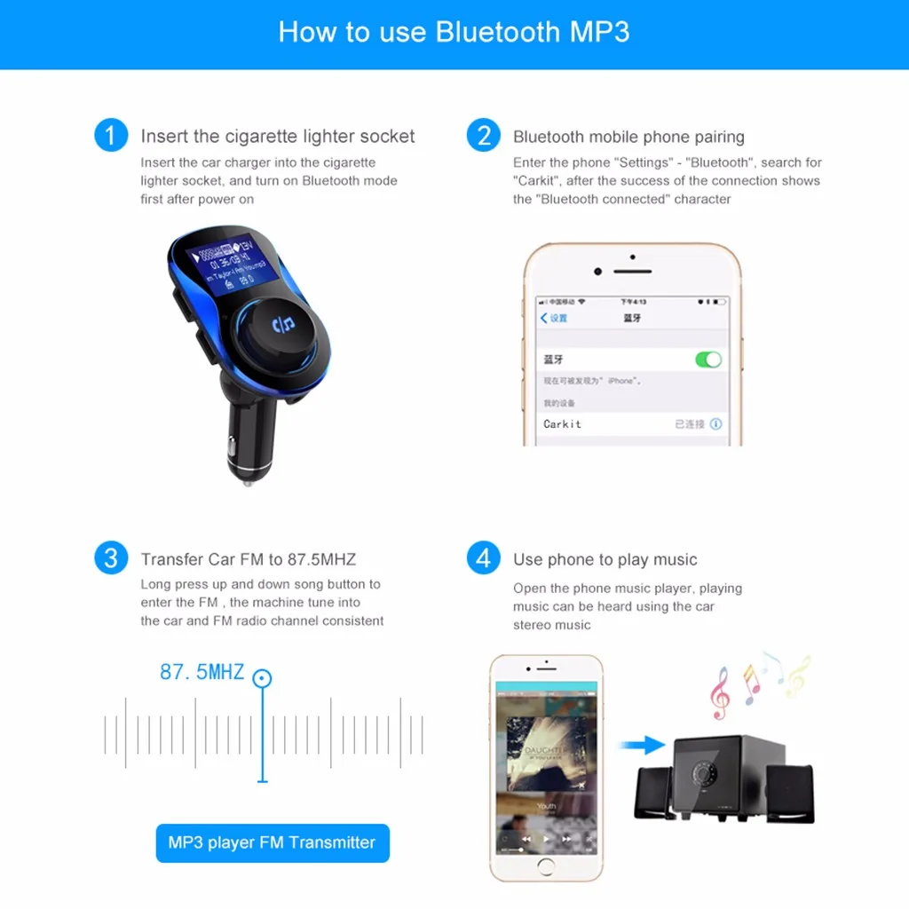 Bluetooth fm-передатчик MP3 плеер комплект Hands-free Автомобильная вспышка USB Поддержка TF карта Вход 5 В/3.1A FM модулятор