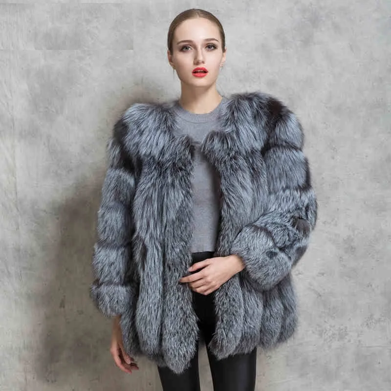 Женское длинное пальто LIYAFUR зимнее с натуральным мехом лисы размеры S M L XXXL|silver