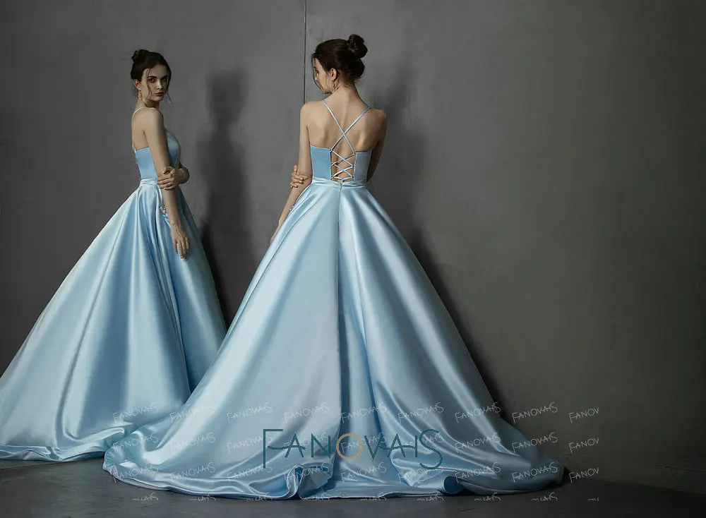 Синий Атлас вечерние платья простое платье выпускного вечера с карманами Vestidos de