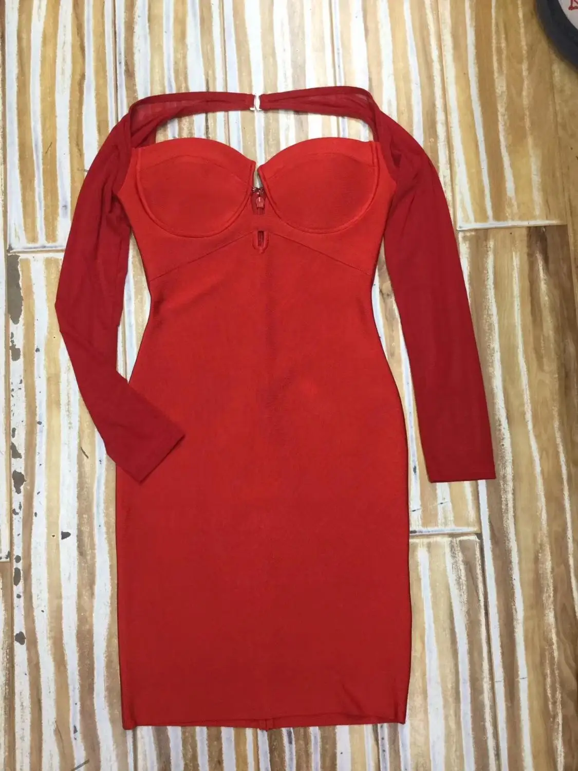 

High Quality Sexy Red Long Mesh Sleeve Bodycon Rayon Bandage Evening Party Dress