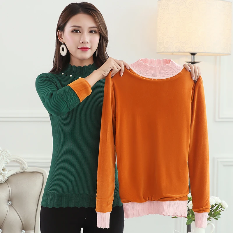WKOUD Winter Sweater Women Pearl Beading Turtleneck Thicken Jumper Mom Warm Fleeces Pullovers Long Sleeve Render Clothes M9034 | Женская