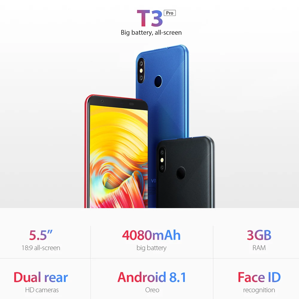 Мобильный телефон VERNEE T3 Pro 3 ГБ+ 16 Гб 5," 18:9 4G LTE MTK6739 четырехъядерный Android 8,1 13 МП Двойная Задняя камера отпечаток пальца
