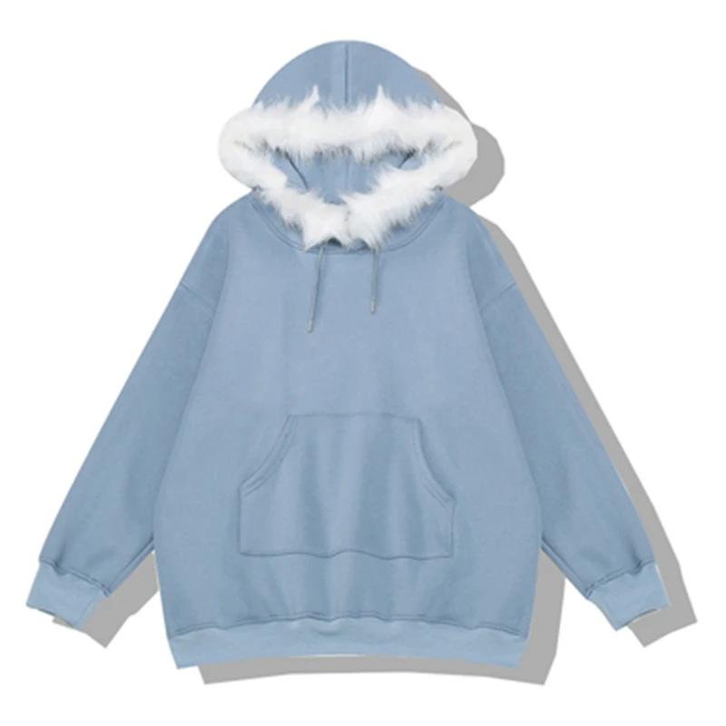 Возможно U синий бежевый большой меховой воротник флисовые толстовки пуловеры