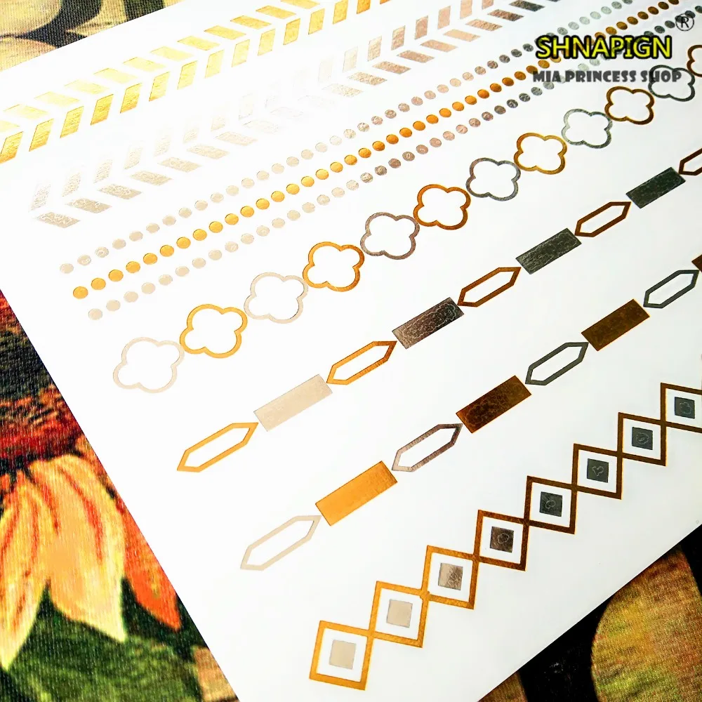 SHNAPIGN 24 стиль Временные татуировки боди арт цепи полосы золотой дизайн флэш