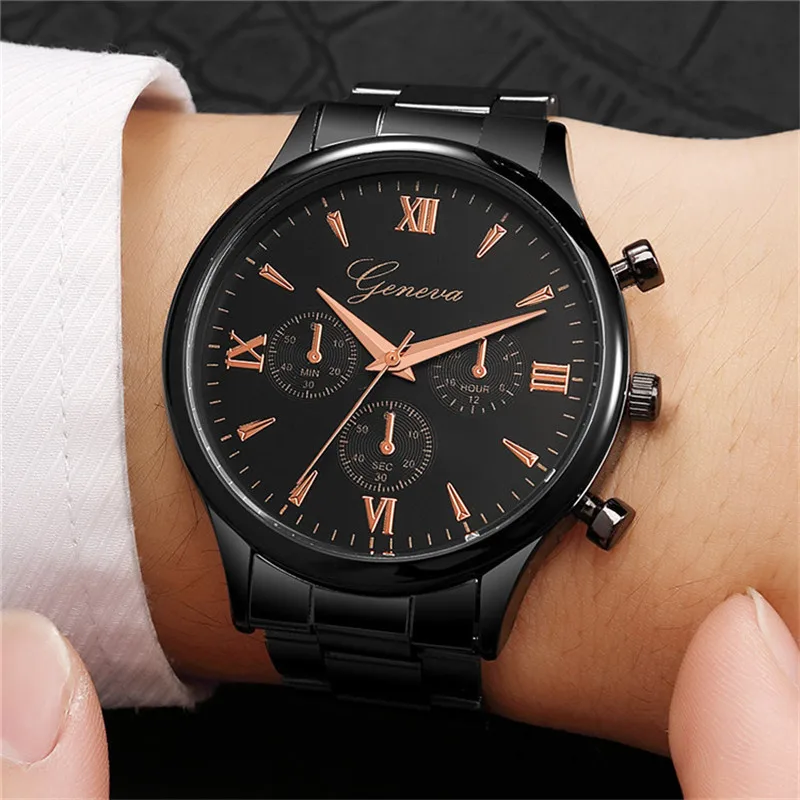 

Men Quartz Watch Fashion Alloy Business Women Three Eyes Big Dial Rose Gold High-Grade Steel Belt Luxury Watch Relojes Mujer