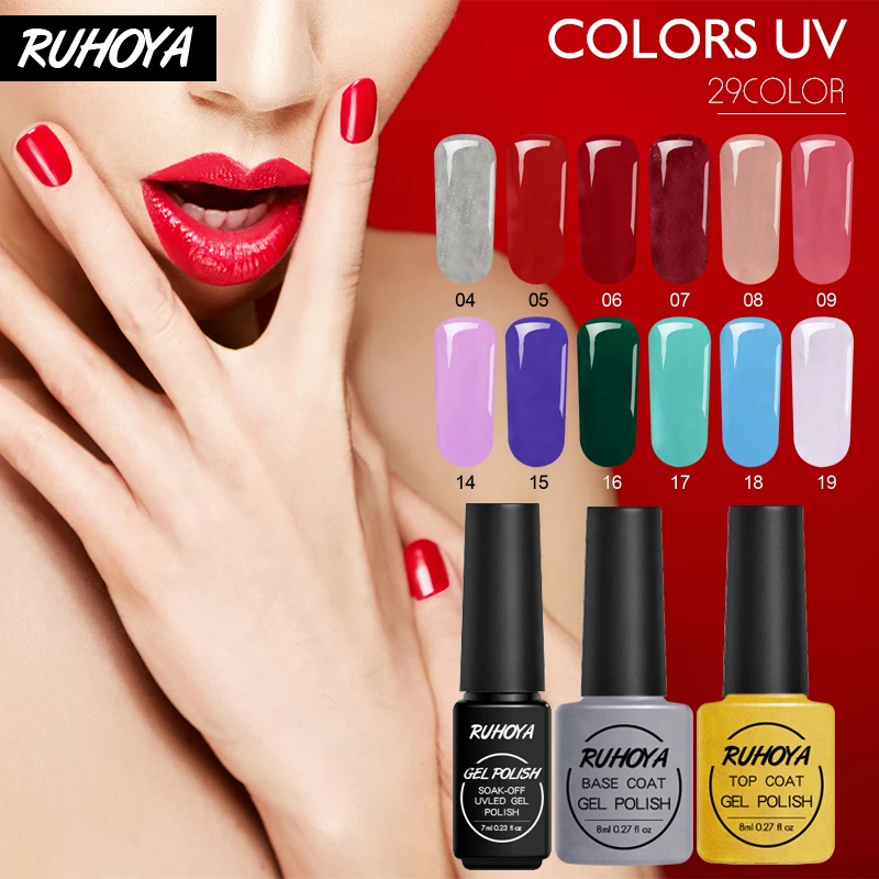 Ruhoya Hot Sale 7ML Pure Colors Popular Gel Nail Polish Manicure Art Design Soak Off Enamel Semi Permanent Lacquer | Красота и